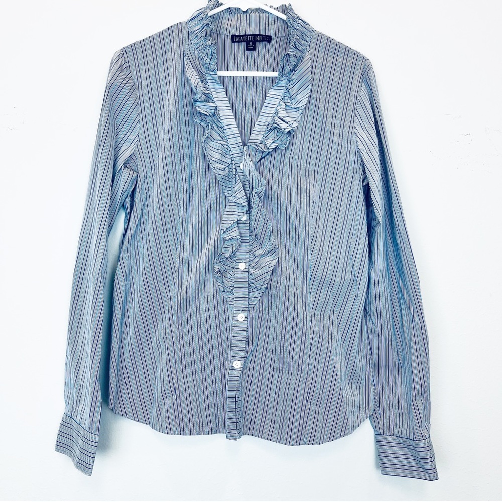 Lafayette 148 New York Blue and White Striped Ruffle-Front Button Blouse